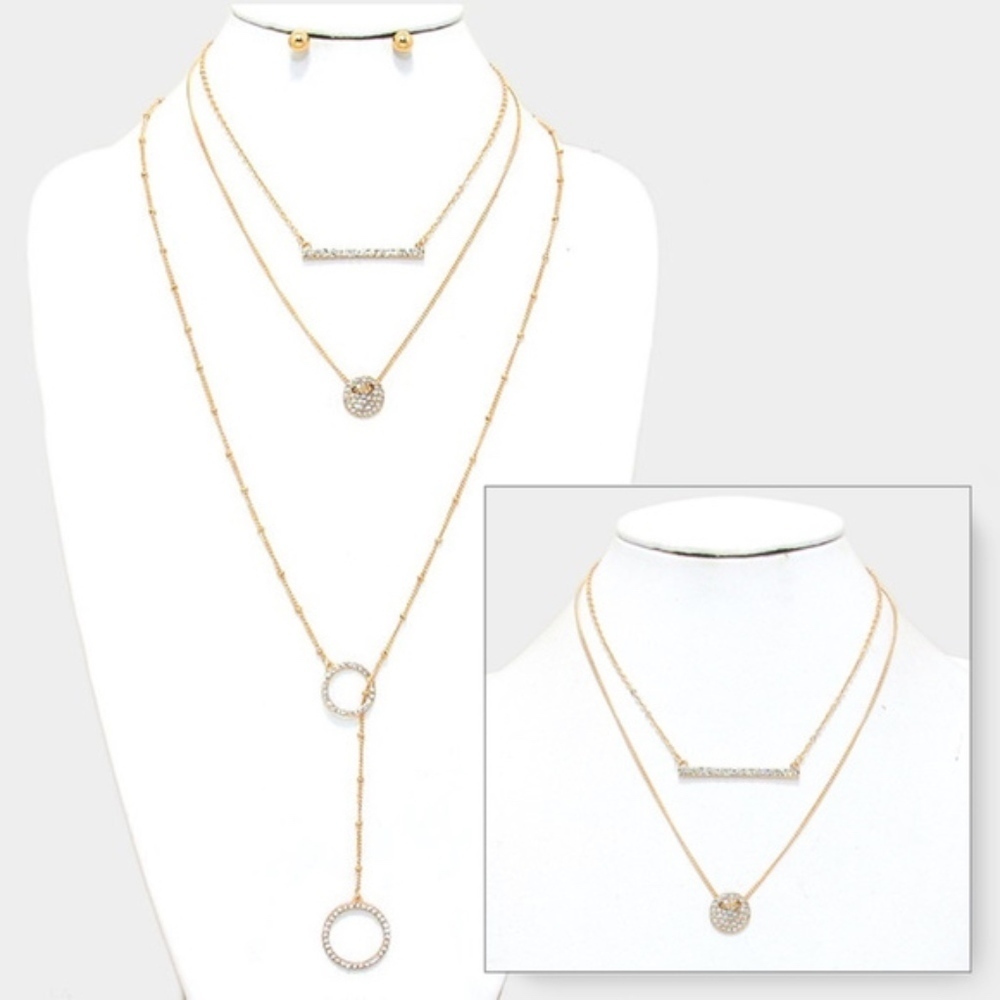 Rhinestone Circle Layered Lariat 2-PC Neck…‎